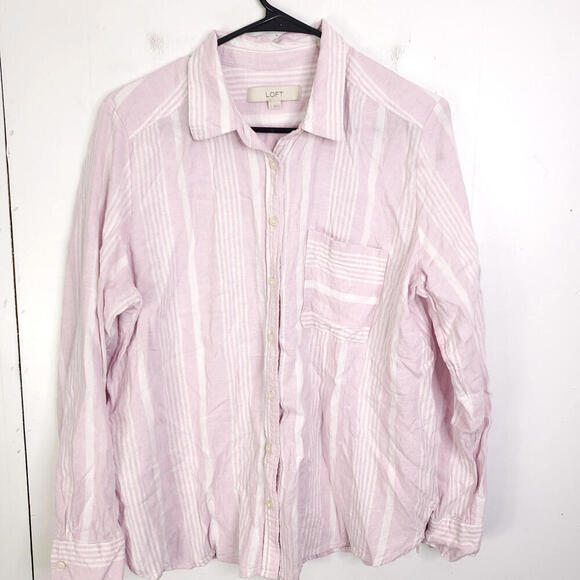 Loft Shirt Womens Large Button Down Linen Blend Layer Casual Pink Striped - Picture 1 of 9